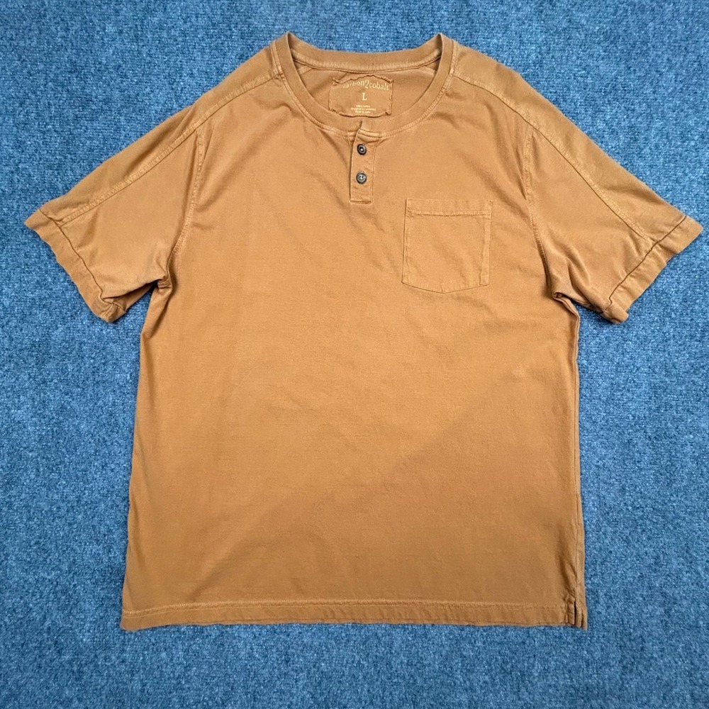 Carbon2Cobalt Henley Shirt Mens L Brown Short Sleeve Cotton Pocket Casual Top
